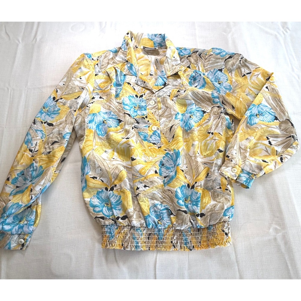 Vintage Floral Blouse Womens‎ Long Sleeve Smocked Hem Retro Shirt